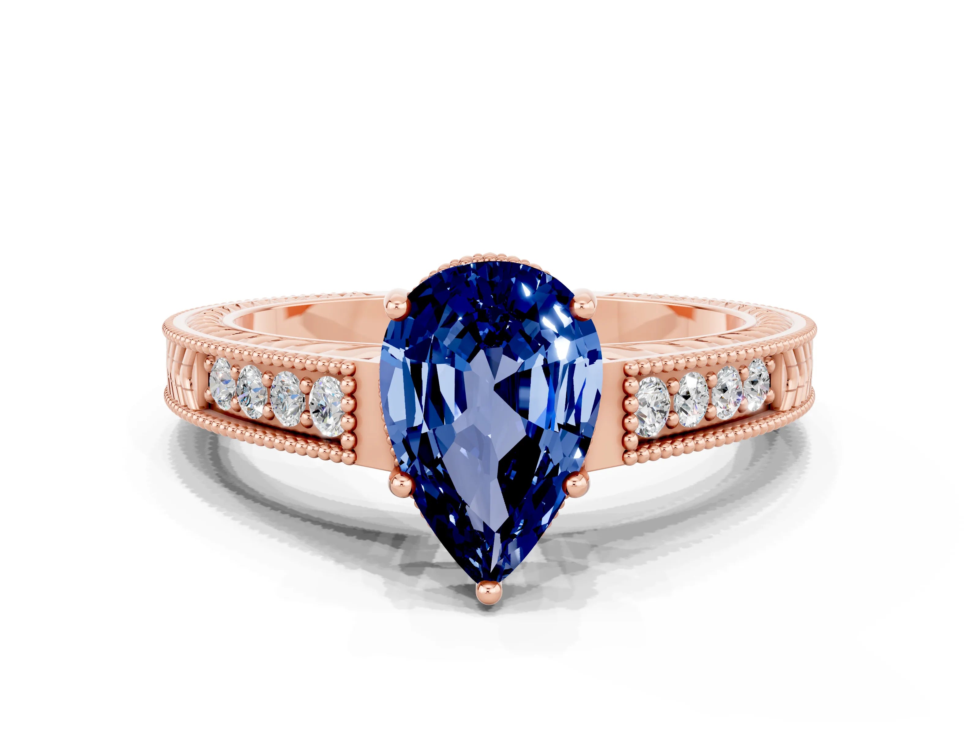 Rose gold Pear Cut Blue Sapphire Ring with Milgrain Pavé Band and Four-Prong Setting_12