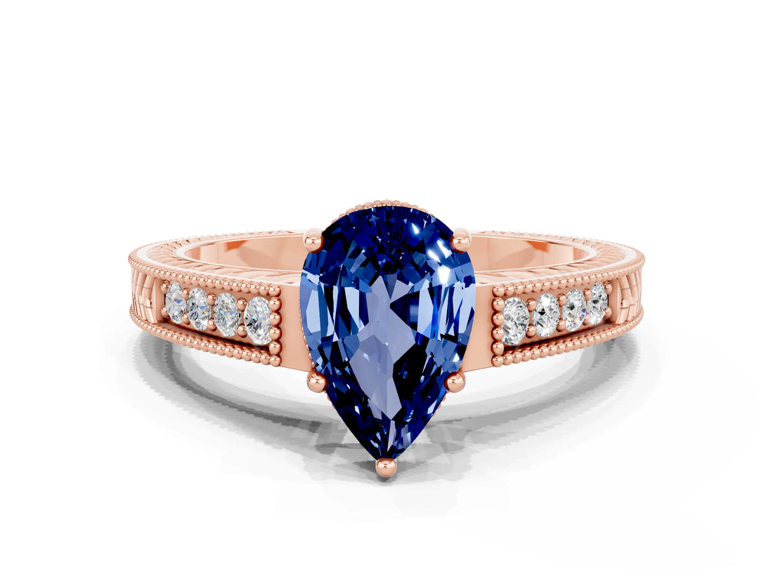 Rose gold Pear Cut Blue Sapphire Ring with Milgrain Pavé Band and Four-Prong Setting_12