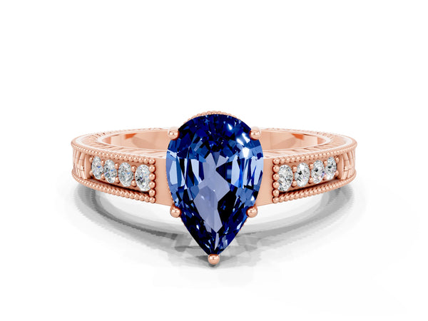 Rose gold Pear Cut Blue Sapphire Ring with Milgrain Pavé Band and Four-Prong Setting