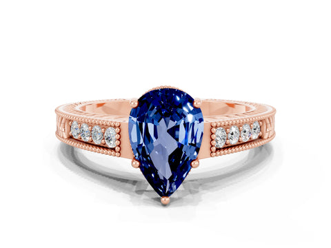 Rose gold Pear Cut Blue Sapphire Ring with Milgrain Pavé Band and Four-Prong Setting_12