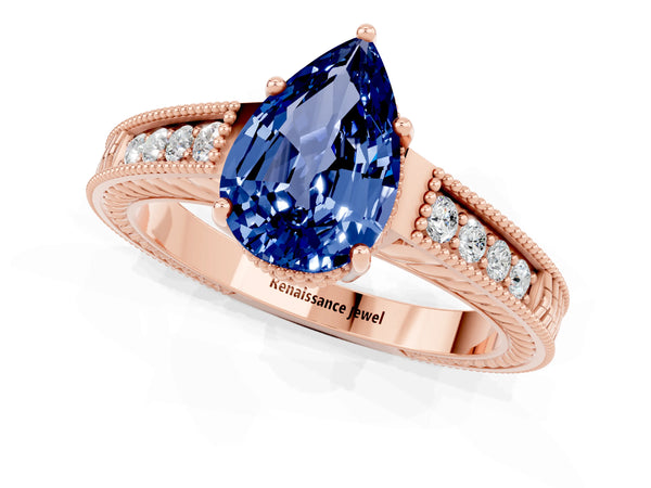 Rose gold Pear Cut Blue Sapphire Ring with Milgrain Pavé Band and Four-Prong Setting