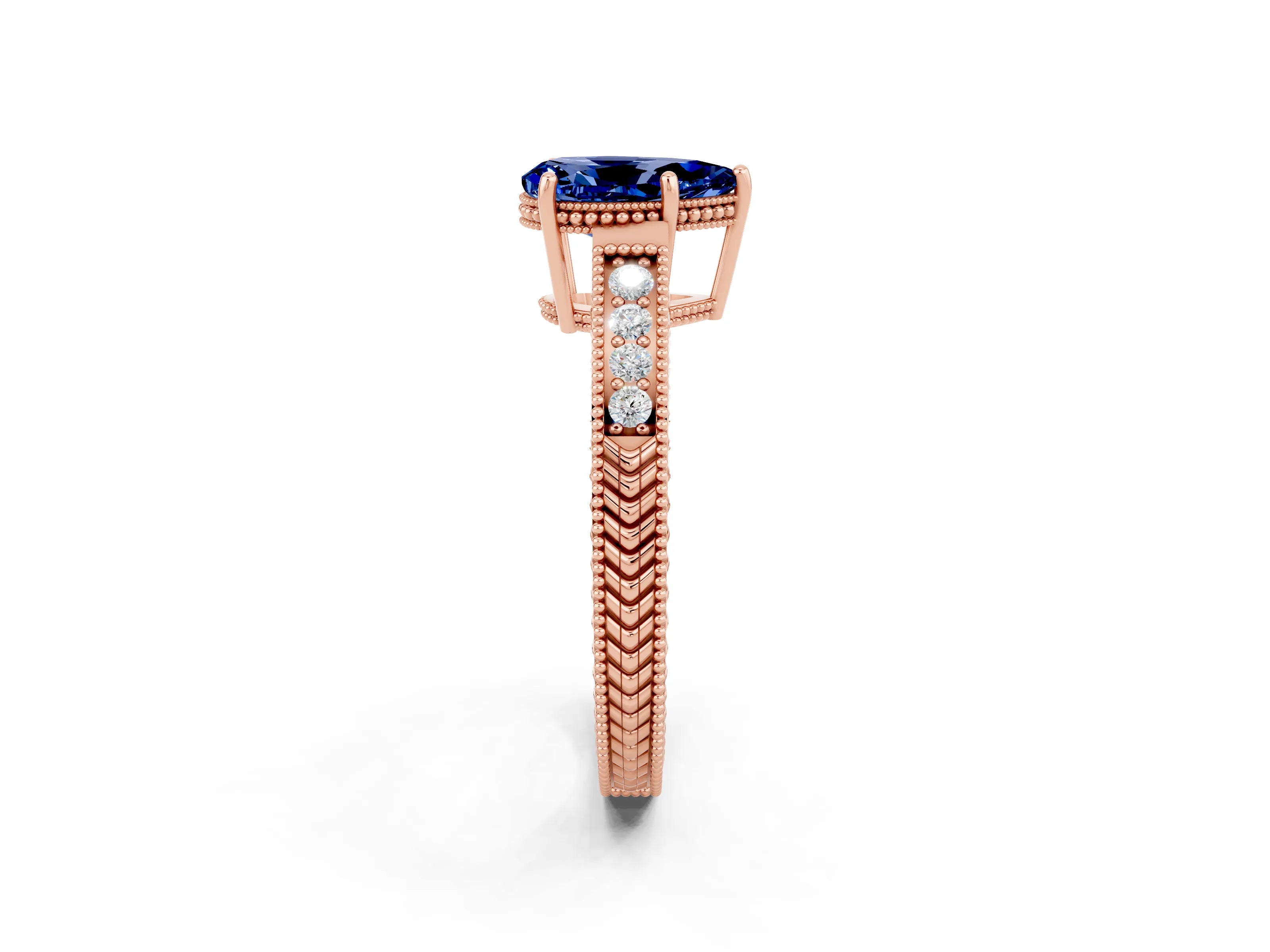 Rose gold Pear Cut Blue Sapphire Ring with Milgrain Pavé Band and Four-Prong Setting_14