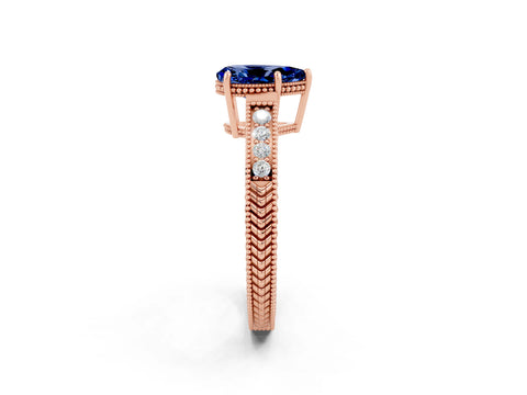 Rose gold Pear Cut Blue Sapphire Ring with Milgrain Pavé Band and Four-Prong Setting_14