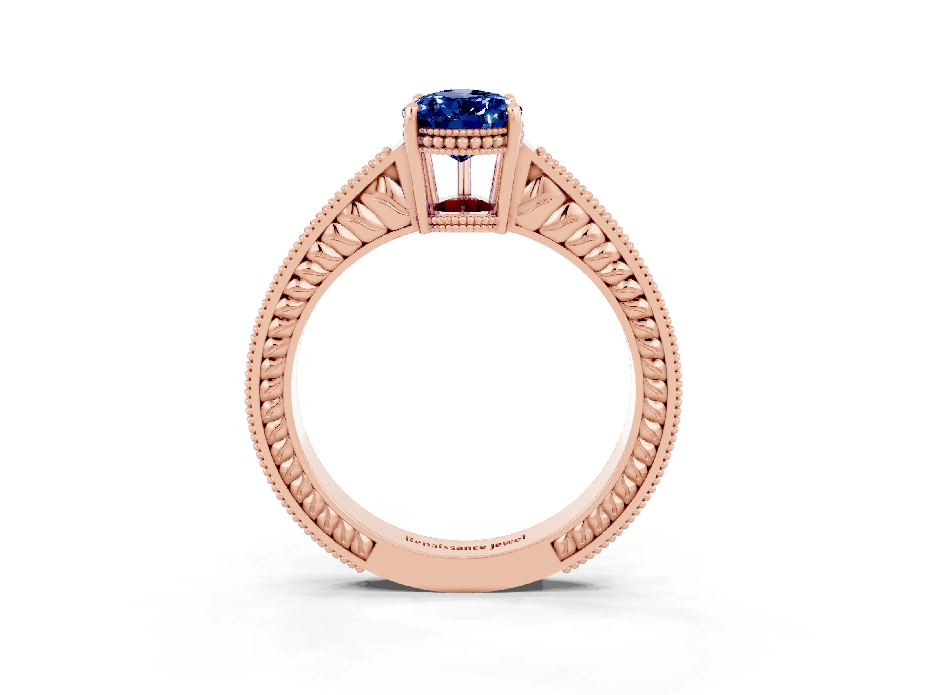 Rose gold Pear Cut Blue Sapphire Ring with Milgrain Pavé Band and Four-Prong Setting_15