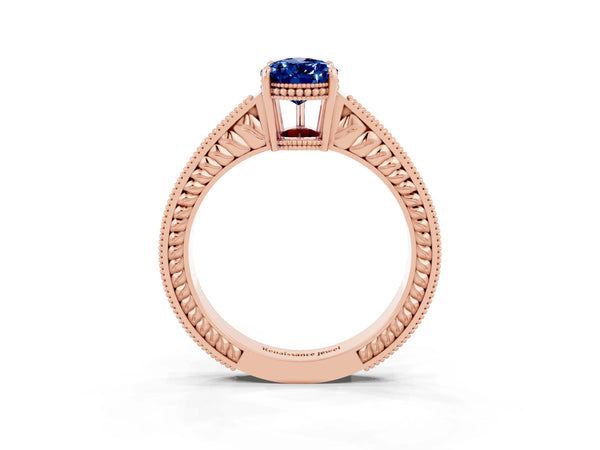 Rose gold Pear Cut Blue Sapphire Ring with Milgrain Pavé Band and Four-Prong Setting