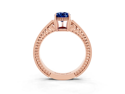 Rose gold Pear Cut Blue Sapphire Ring with Milgrain Pavé Band and Four-Prong Setting_15