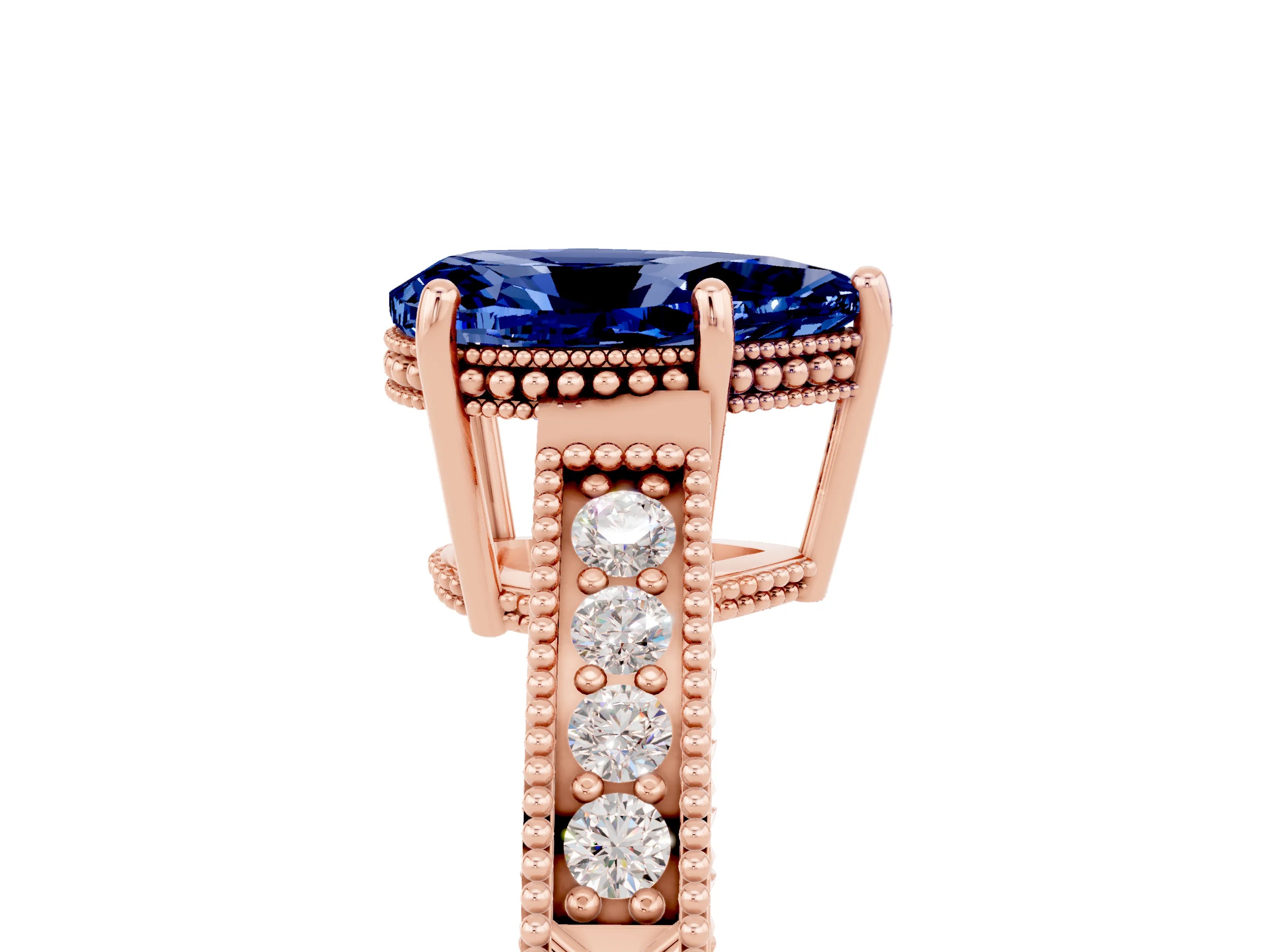 Rose gold Pear Cut Blue Sapphire Ring with Milgrain Pavé Band and Four-Prong Setting_17