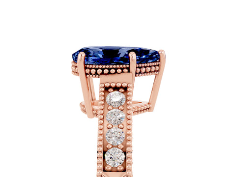 Rose gold Pear Cut Blue Sapphire Ring with Milgrain Pavé Band and Four-Prong Setting_17