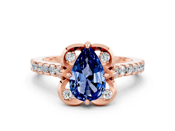 Rose gold Pear Cut Blue Sapphire Ring with Pavé Band and Floral Prong Setting