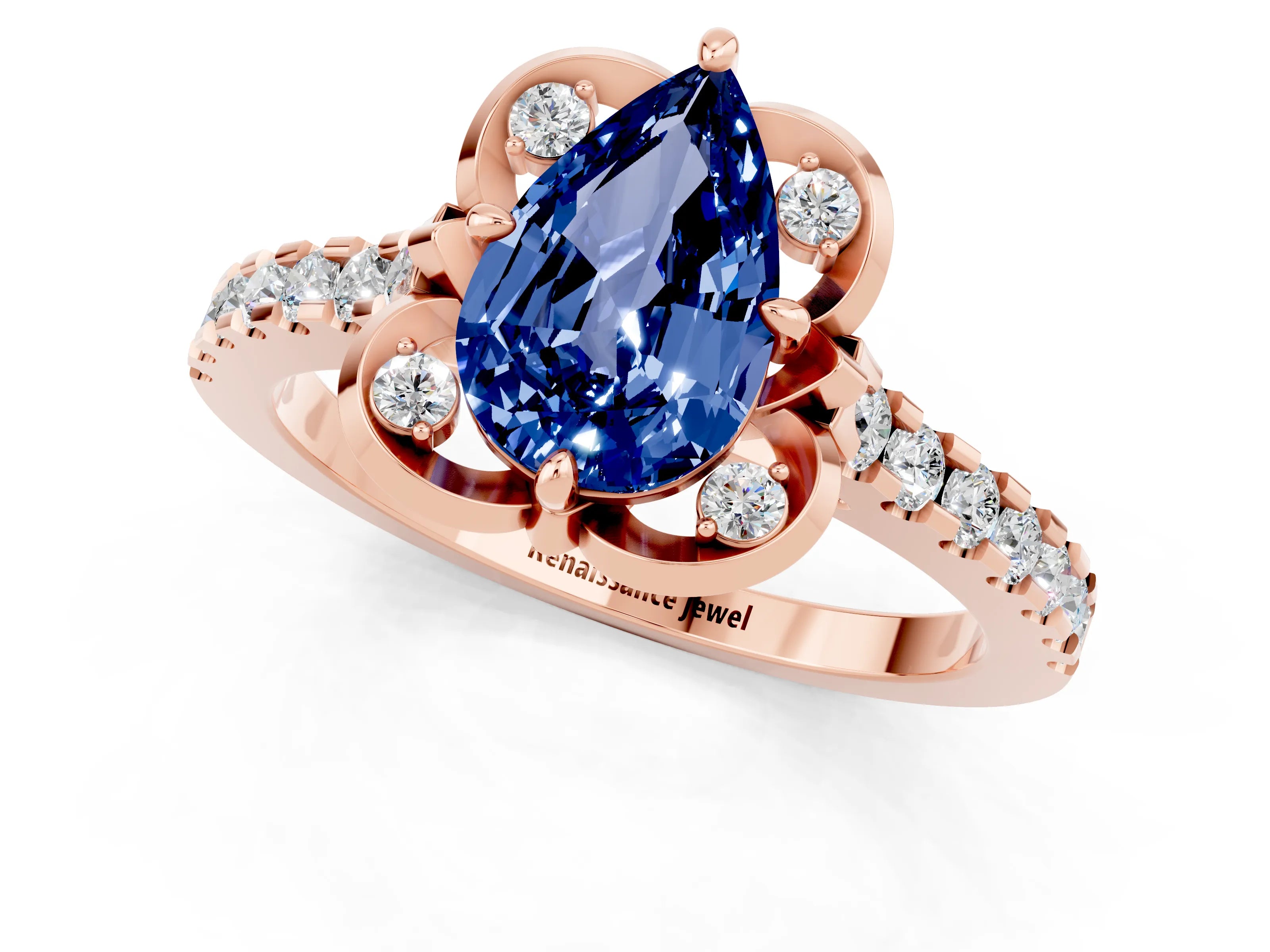 Rose gold Pear Cut Blue Sapphire Ring with Pavé Band and Floral Prong Setting_1
