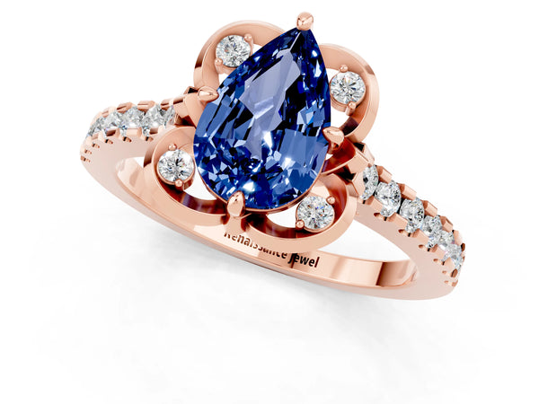 Rose gold Pear Cut Blue Sapphire Ring with Pavé Band and Floral Prong Setting