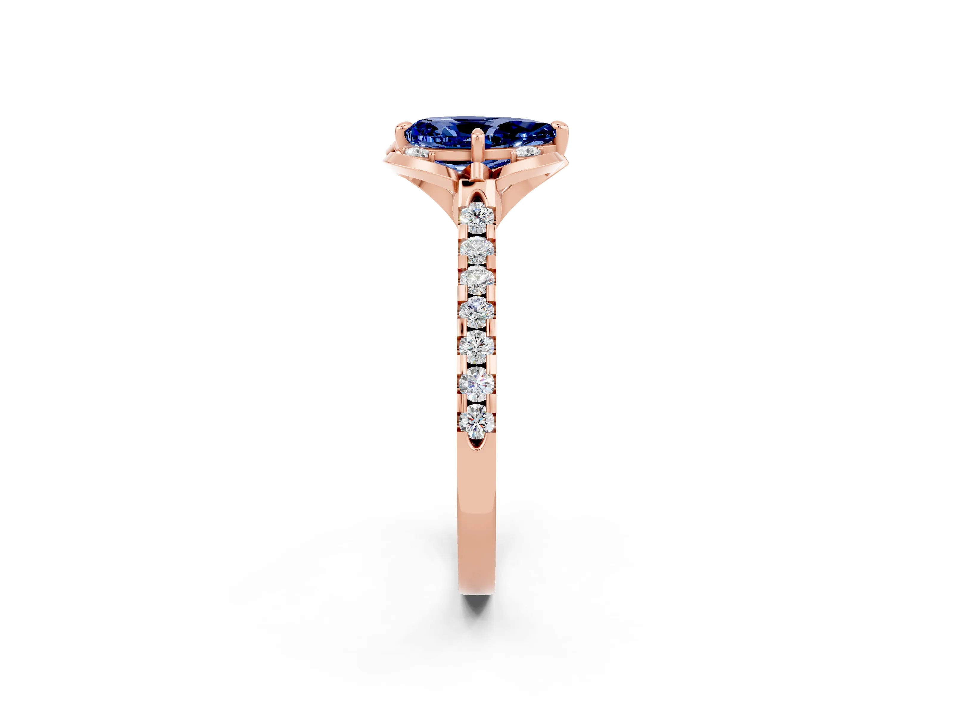 Rose gold Pear Cut Blue Sapphire Ring with Pavé Band and Floral Prong Setting_2