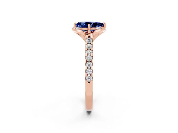 Rose gold Pear Cut Blue Sapphire Ring with Pavé Band and Floral Prong Setting