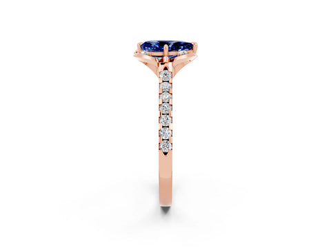 Rose gold Pear Cut Blue Sapphire Ring with Pavé Band and Floral Prong Setting_2