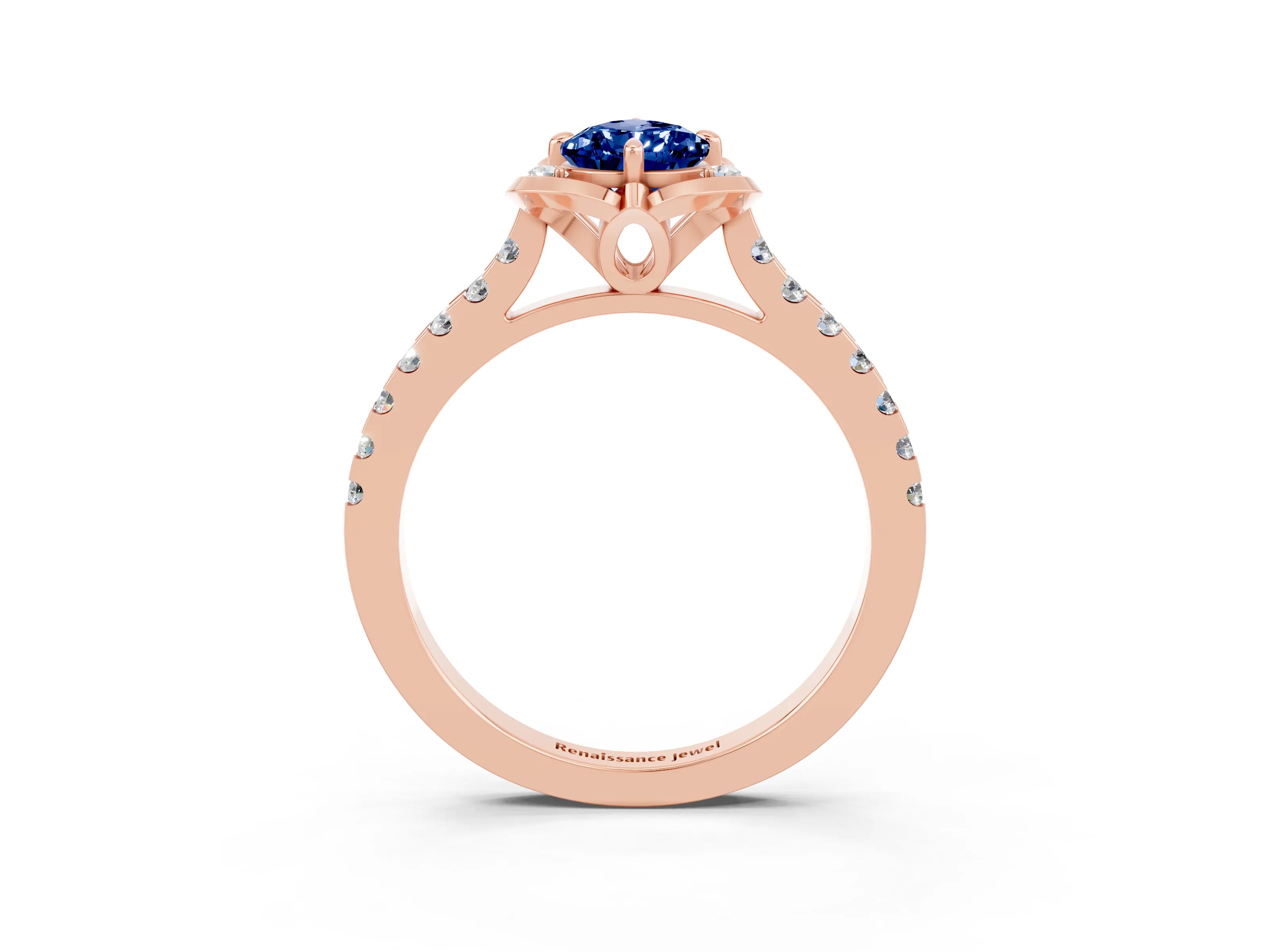 Rose gold Pear Cut Blue Sapphire Ring with Pavé Band and Floral Prong Setting_3