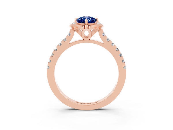 Rose gold Pear Cut Blue Sapphire Ring with Pavé Band and Floral Prong Setting