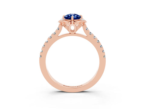 Rose gold Pear Cut Blue Sapphire Ring with Pavé Band and Floral Prong Setting_3