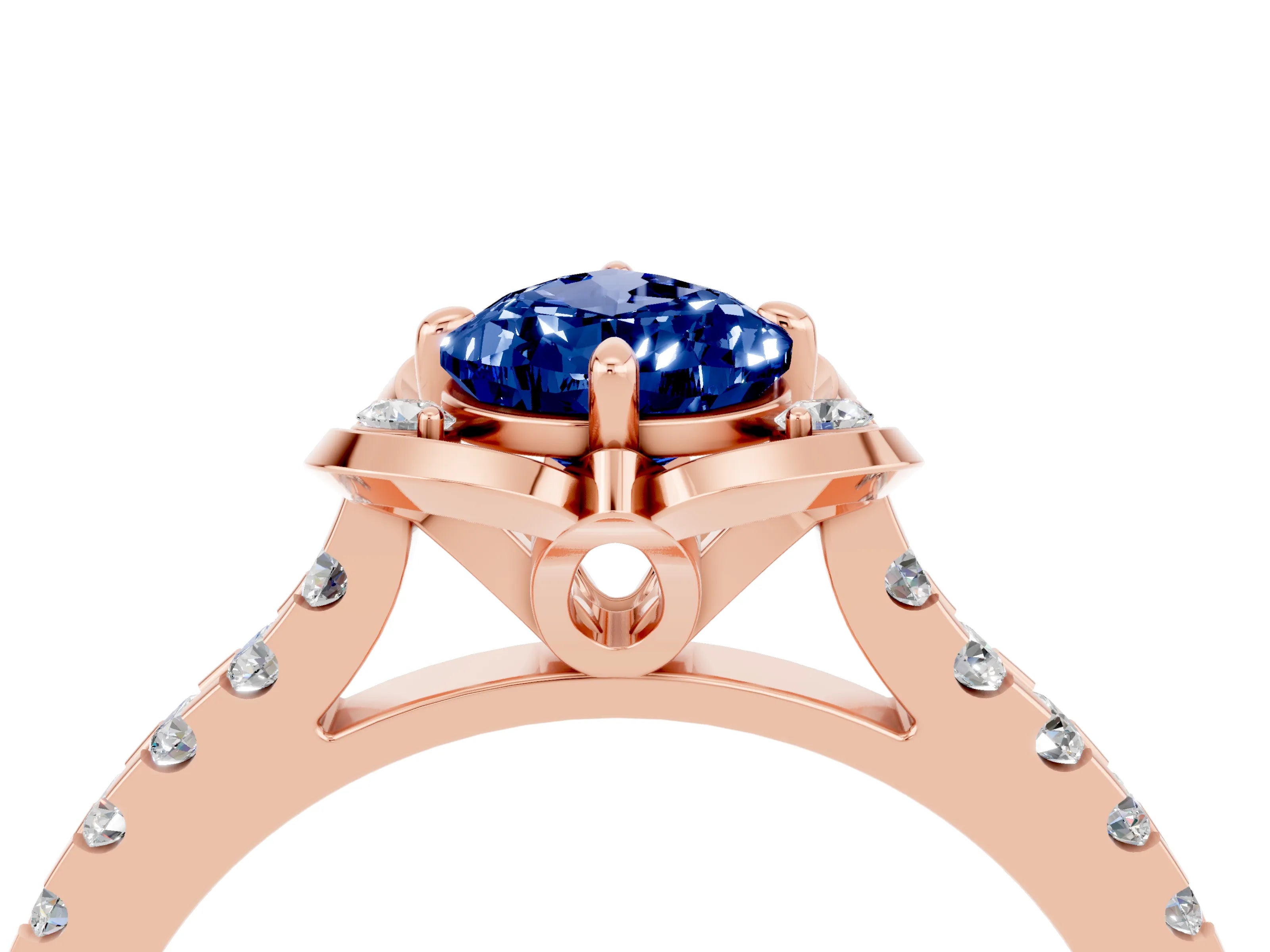 Rose gold Pear Cut Blue Sapphire Ring with Pavé Band and Floral Prong Setting_4