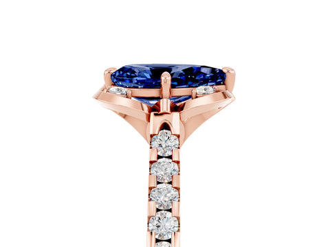 Rose gold Pear Cut Blue Sapphire Ring with Pavé Band and Floral Prong Setting_5