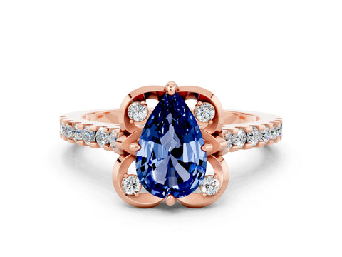 Rose gold Pear Cut Blue Sapphire Ring with Pavé Band and Floral Prong Setting