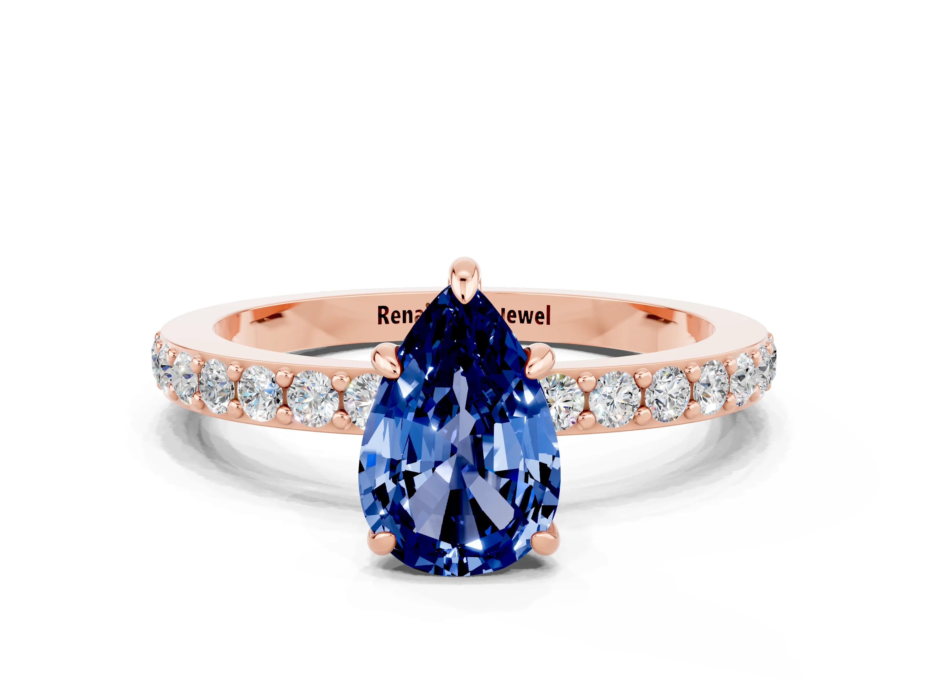 Rose gold Pear Cut Blue Sapphire Ring with Pavé Band and Four-Prong Setting
