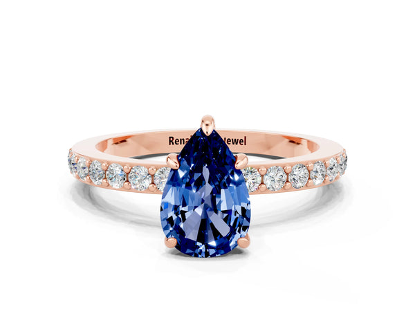 Rose gold Pear Cut Blue Sapphire Pavé Engagement Ring with Round  Accents and Prong Setting