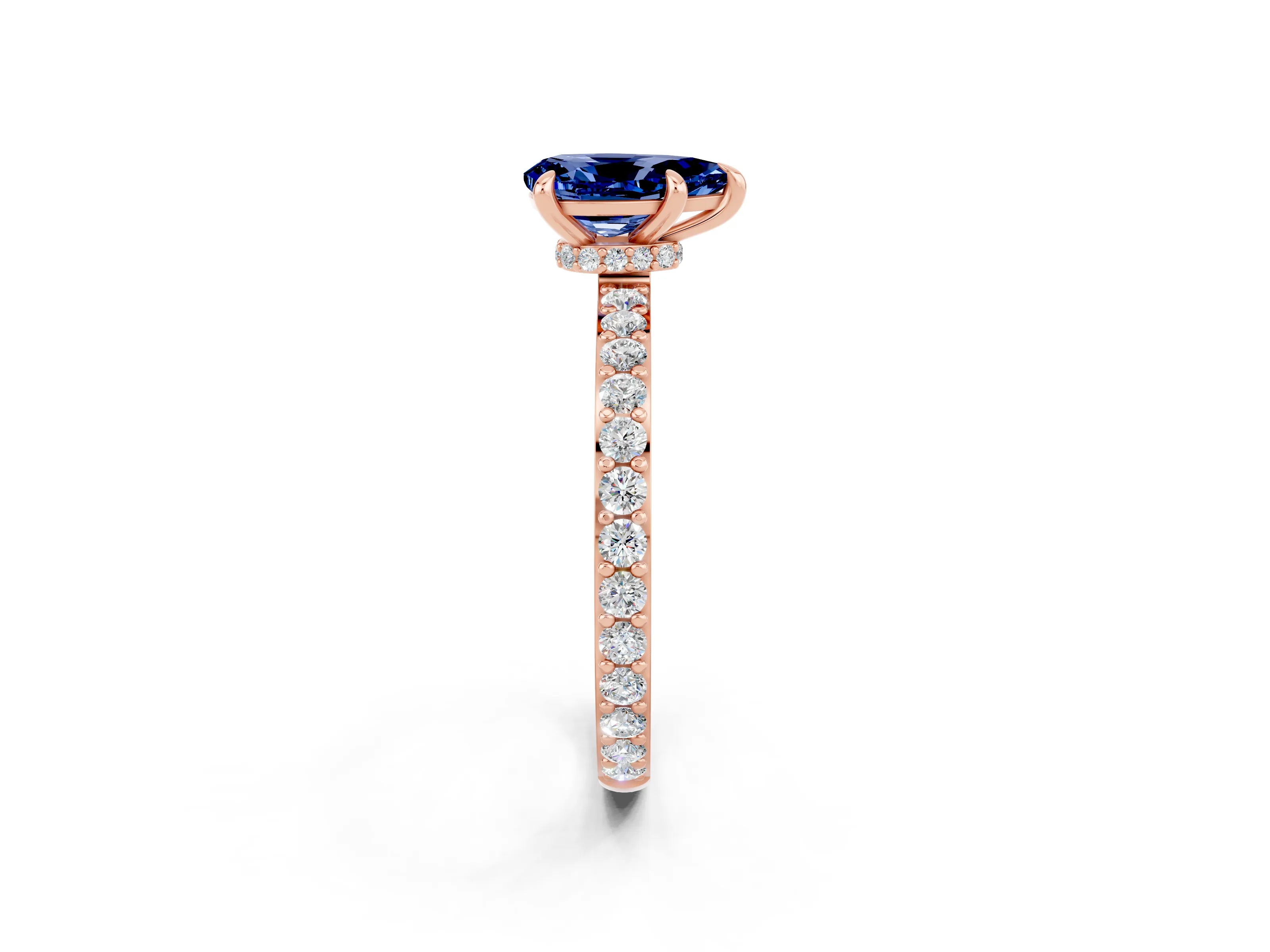 Rose gold Pear Cut Blue Sapphire Ring with Pavé Band and Four-Prong Setting_2
