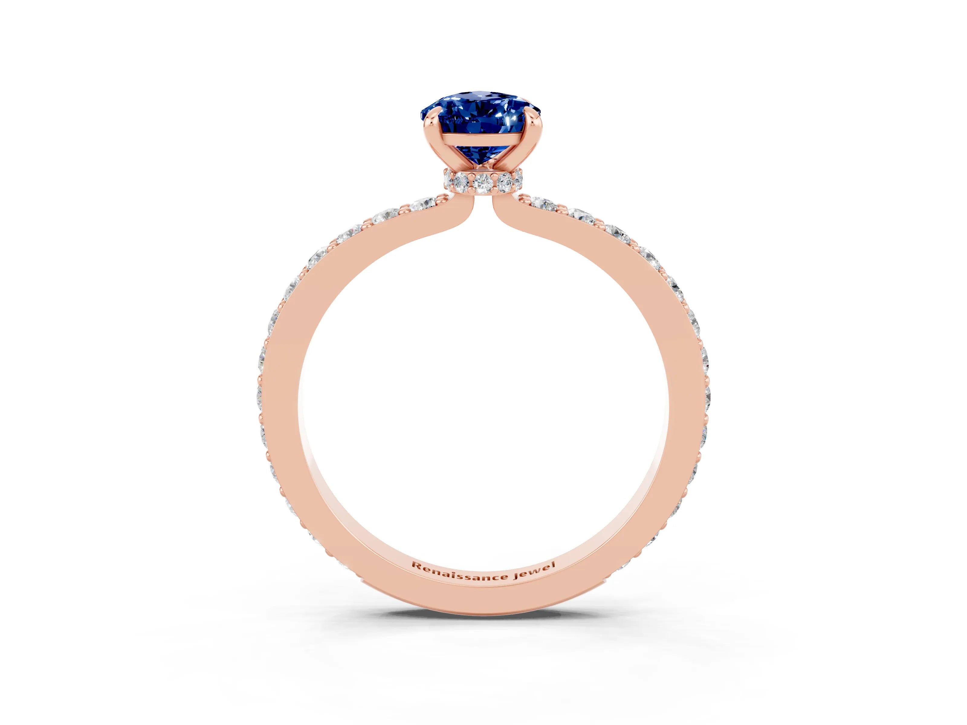 Rose gold Pear Cut Blue Sapphire Ring with Pavé Band and Four-Prong Setting_3