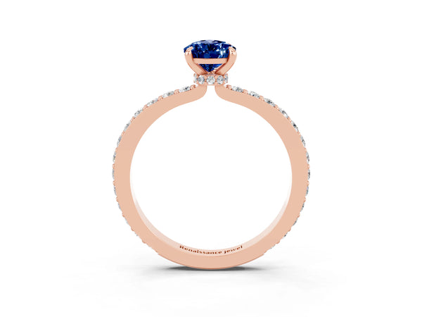 Rose gold Pear Cut Blue Sapphire Pavé Engagement Ring with Round  Accents and Prong Setting
