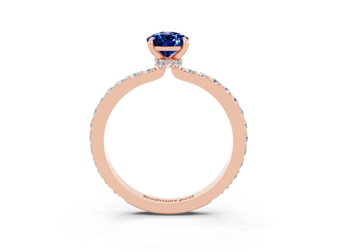 Rose gold Pear Cut Blue Sapphire Ring with Pavé Band and Four-Prong Setting_3