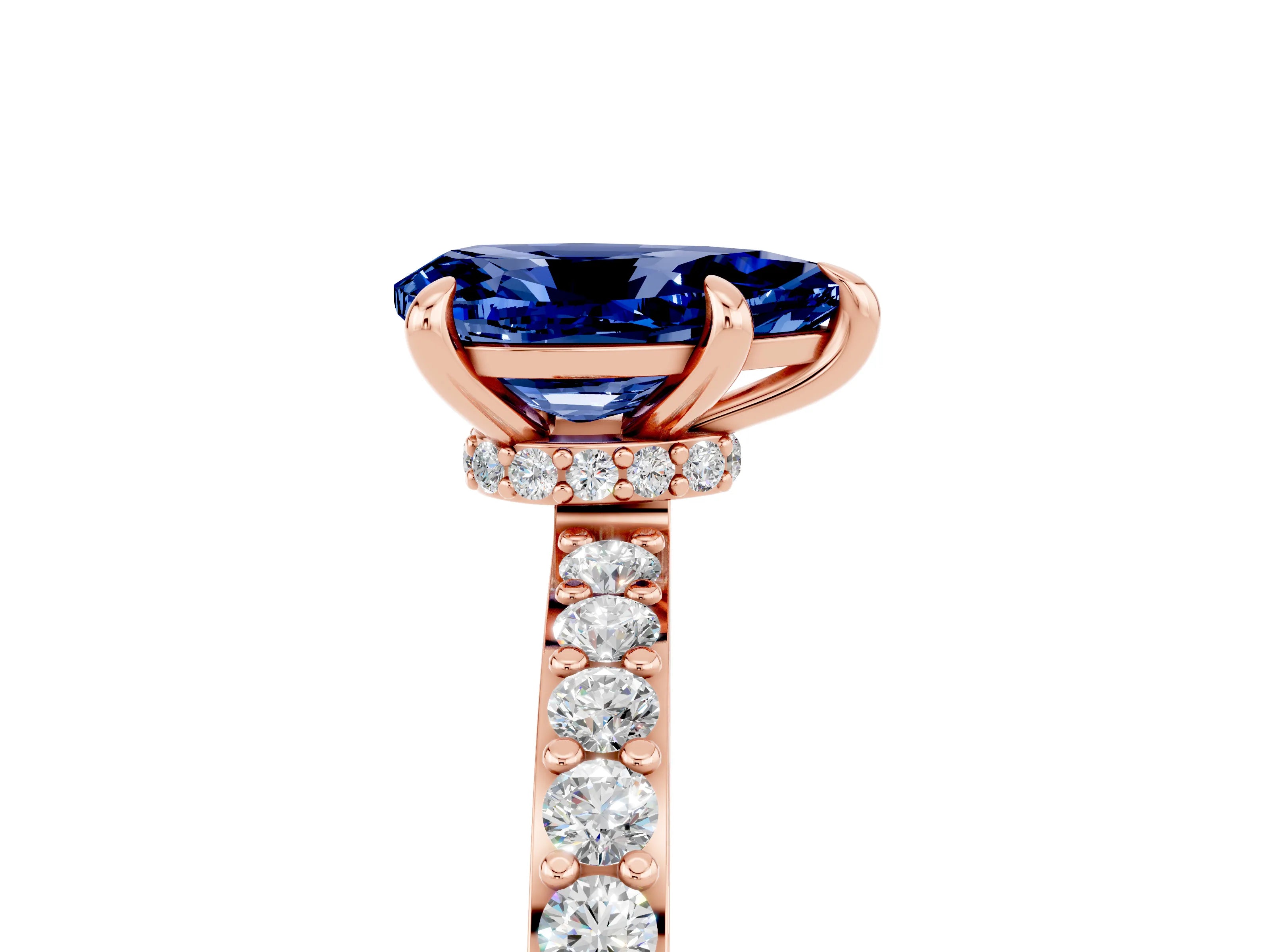 Rose gold Pear Cut Blue Sapphire Ring with Pavé Band and Four-Prong Setting_5
