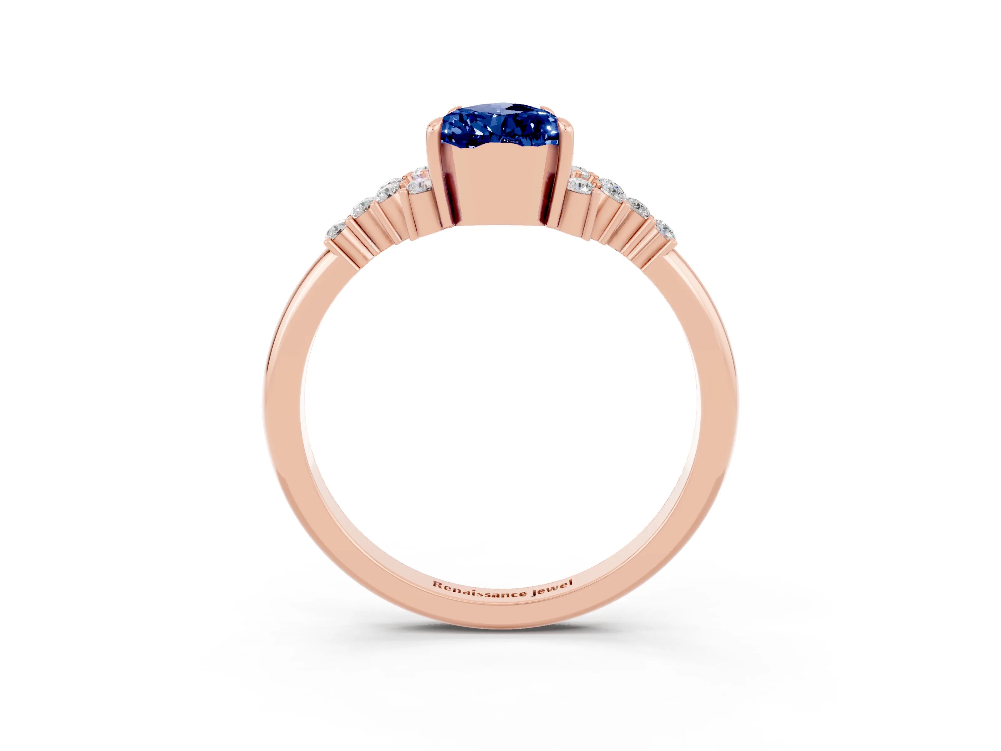 Rose gold Pear Cut Blue Sapphire Ring with Side Stones and Four-Prong Setting_39