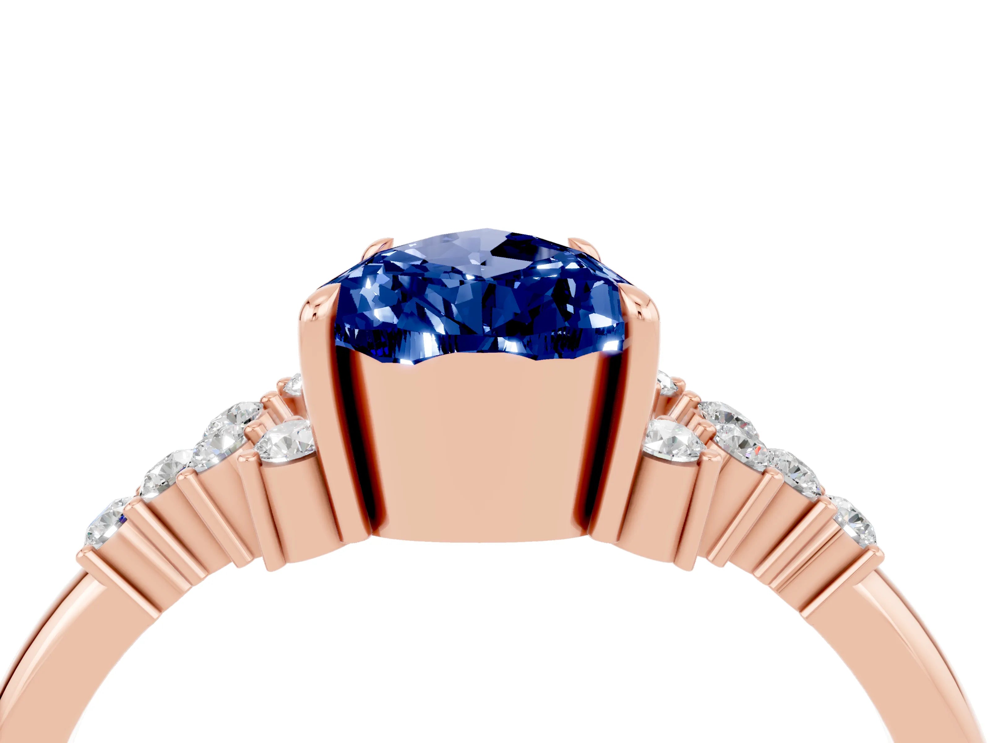 Rose gold Pear Cut Blue Sapphire Ring with Side Stones and Four-Prong Setting_40