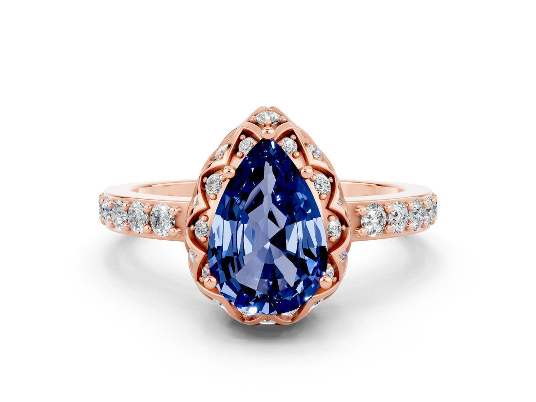 Rose gold Pear Cut Blue Sapphire Scalloped Halo Engagement Ring with Round Shared Prong Band_24