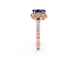 Rose gold Pear Cut Blue Sapphire Scalloped Halo Engagement Ring with Round Shared Prong Band_26