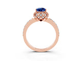 Rose gold Pear Cut Blue Sapphire Scalloped Halo Engagement Ring with Round Shared Prong Band_27