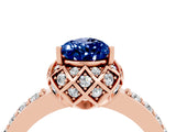 Rose gold Pear Cut Blue Sapphire Scalloped Halo Engagement Ring with Round Shared Prong Band_28