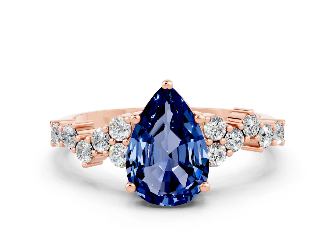 Rose gold Pear Cut Blue Sapphire Scattered Round Accent Ring with Prong Setting_12