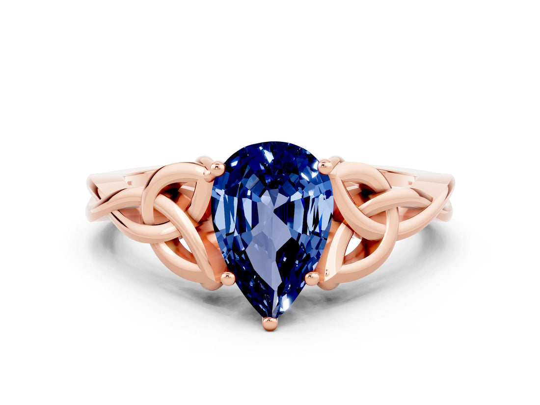 Rose gold Pear Cut Blue Sapphire Solitaire Celtic Knot Ring with Four-Prong Setting_12