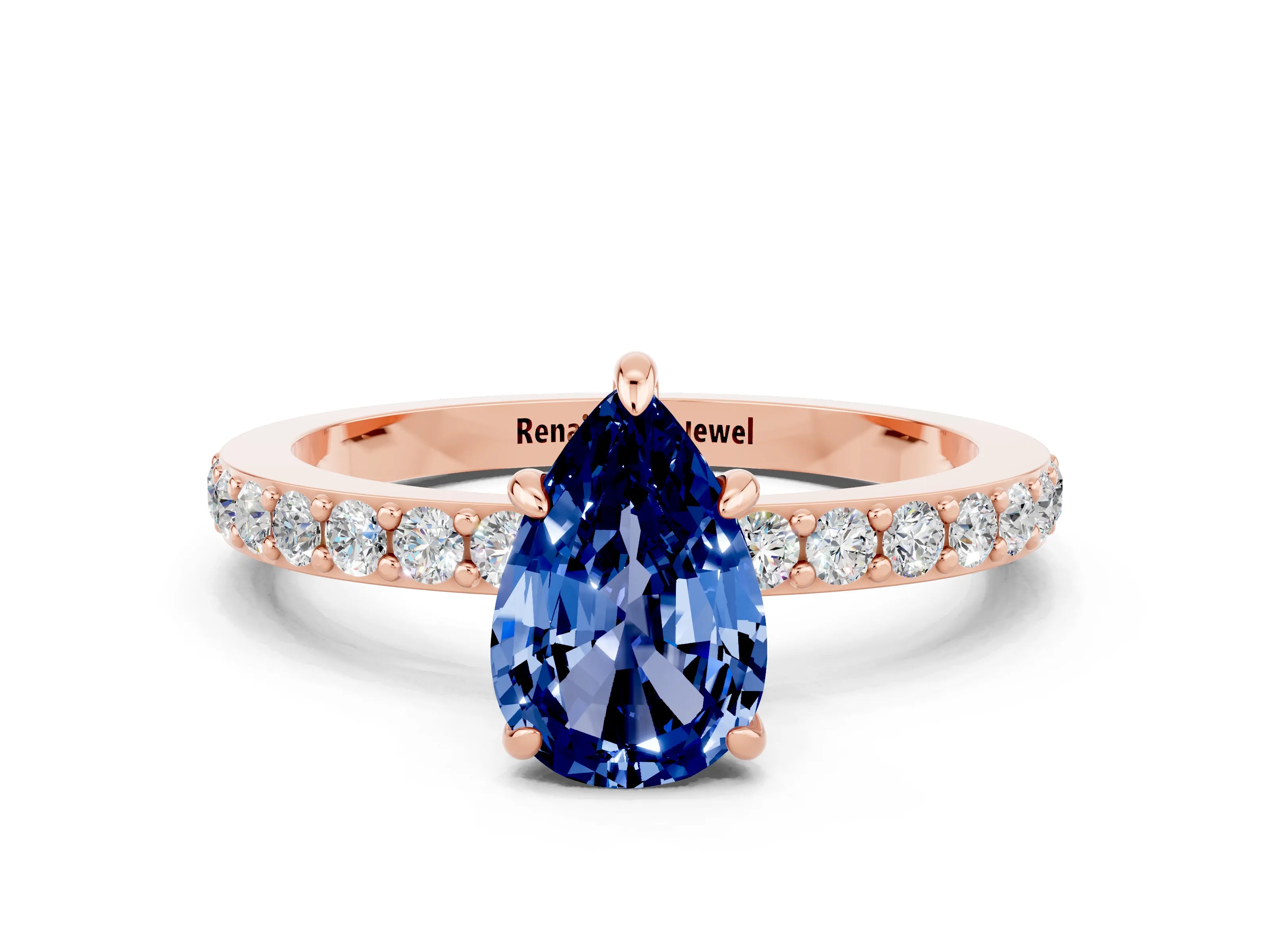 Rose gold Pear Cut Blue Sapphire Solitaire Engagement Ring with Pavé Band and Four-Prong Setting