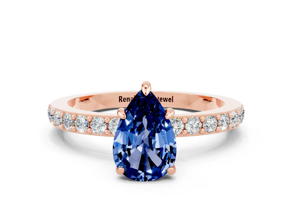 Rose gold Pear Cut Blue Sapphire Solitaire Engagement Ring with Pavé Band and Four-Prong Setting