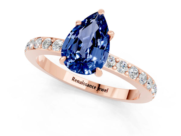 Rose gold Pear Cut Blue Sapphire Solitaire Engagement Ring with Pavé Band and Four-Prong Setting