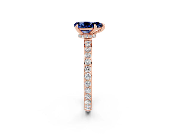 Rose gold Pear Cut Blue Sapphire Solitaire Engagement Ring with Pavé Band and Four-Prong Setting