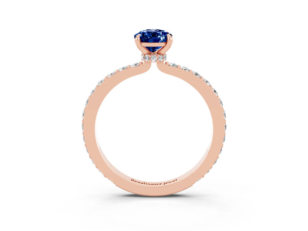 Rose gold Pear Cut Blue Sapphire Solitaire Engagement Ring with Pavé Band and Four-Prong Setting