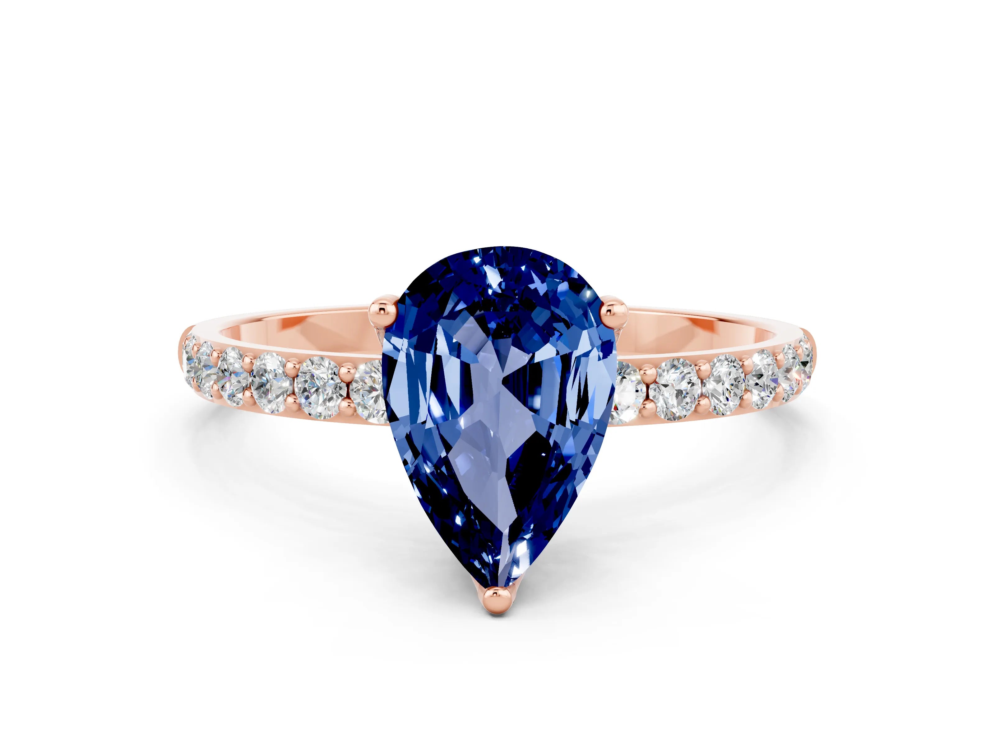 Rose gold Pear Cut Blue Sapphire Solitaire Engagement Ring with Pavé Band and Prong Setting