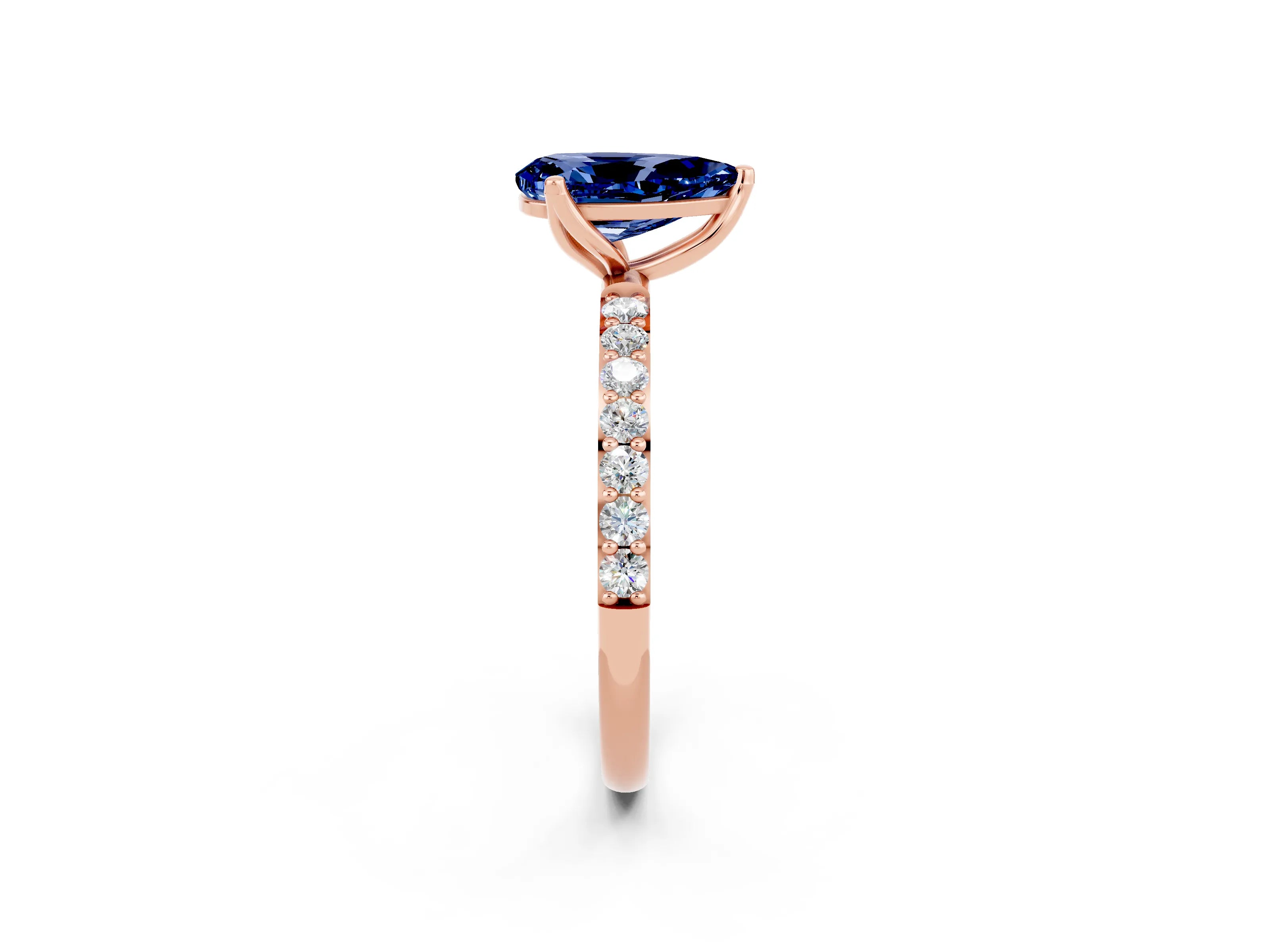 Rose gold Pear Cut Blue Sapphire Solitaire Engagement Ring with Pavé Band and Prong Setting_2