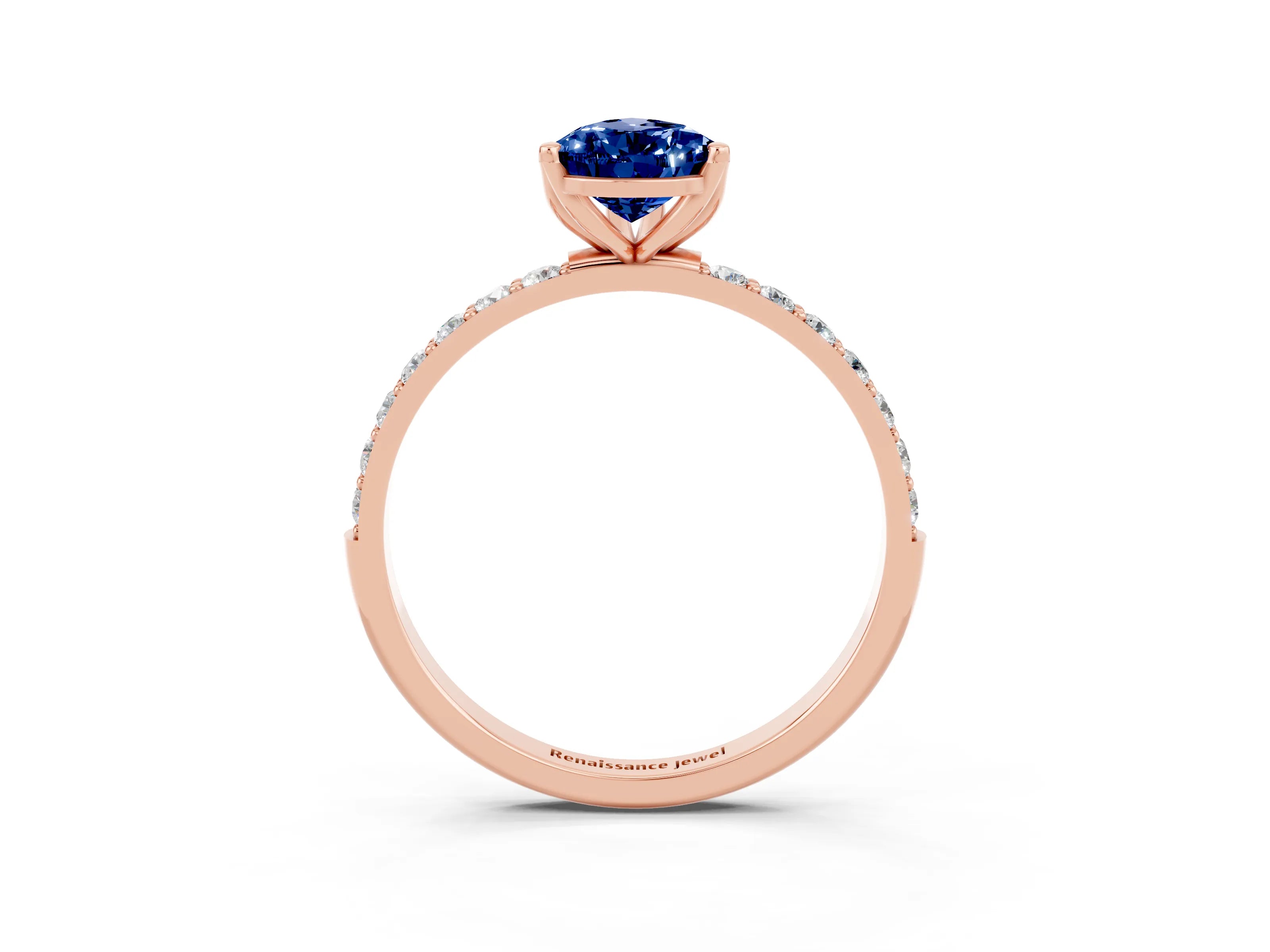Rose gold Pear Cut Blue Sapphire Solitaire Engagement Ring with Pavé Band and Prong Setting_3