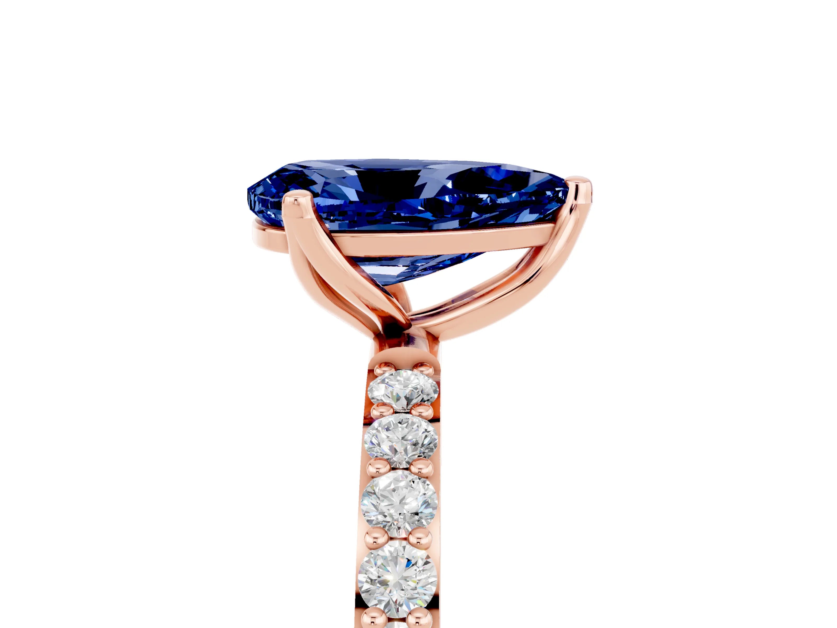 Rose gold Pear Cut Blue Sapphire Solitaire Engagement Ring with Pavé Band and Prong Setting_5