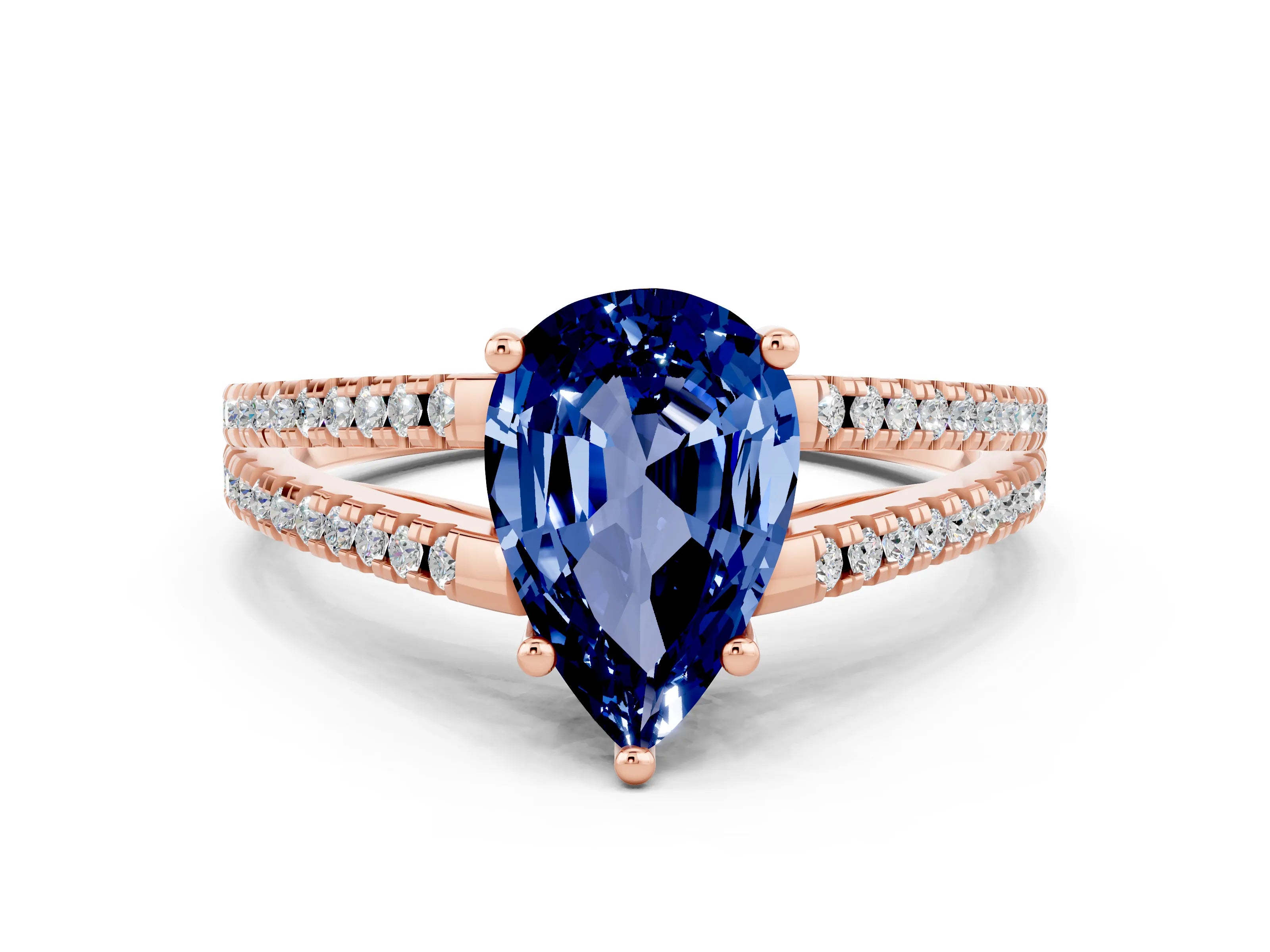 Rose gold Pear Cut Blue Sapphire Solitaire Engagement Ring with Split Shank Pavé Band