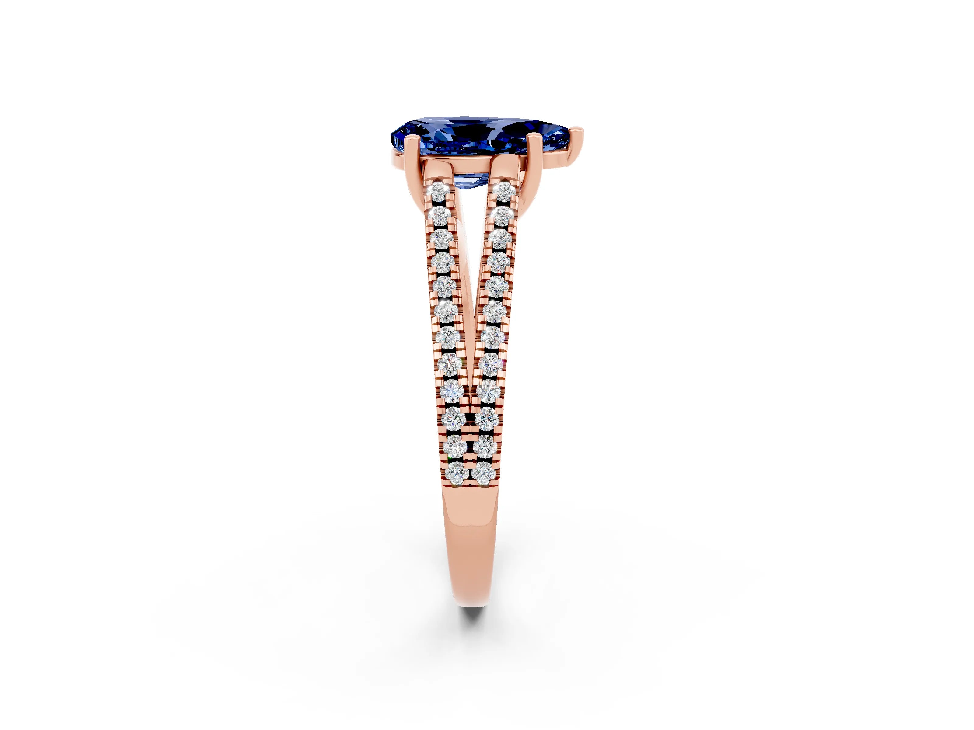 Rose gold Pear Cut Blue Sapphire Solitaire Engagement Ring with Split Shank Pavé Band_2